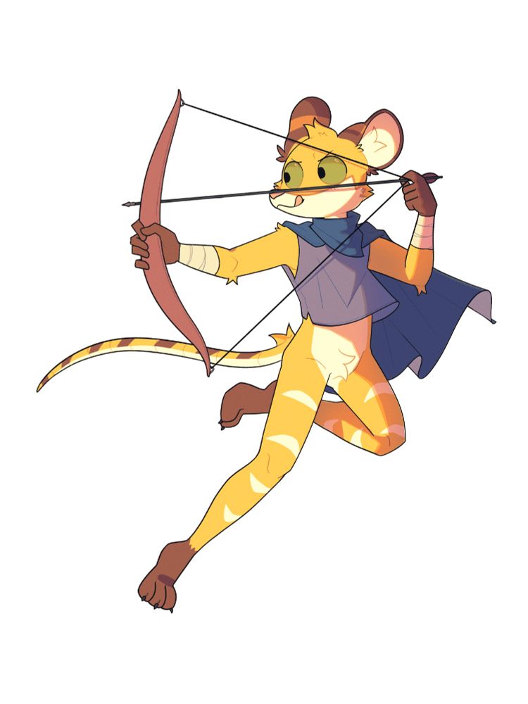 mouse fursona striking an action pose, drawing a bow back while moving