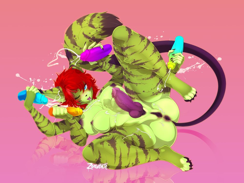 Cyndine, hermaphrodite lynx/salamander hybrid with red hair, green fur with black stripes, a long purple furless tail with a large fur tuft at the end of it, four arms, and four breasts. She is completely nude laying down on a reflective pink surface, showing off her hard cock, pussy, and asshole while she is stroking four disembodied penises that are cumming on her. She is winking at the camera with her tongue out, looking flushed with her own arousal.