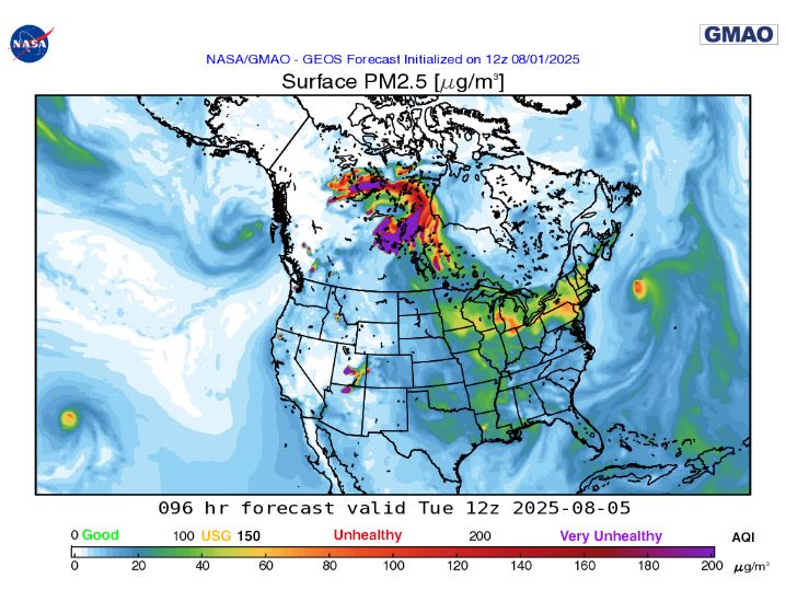 Map showing Air Quality Index forecast for Tuesday in North America.
