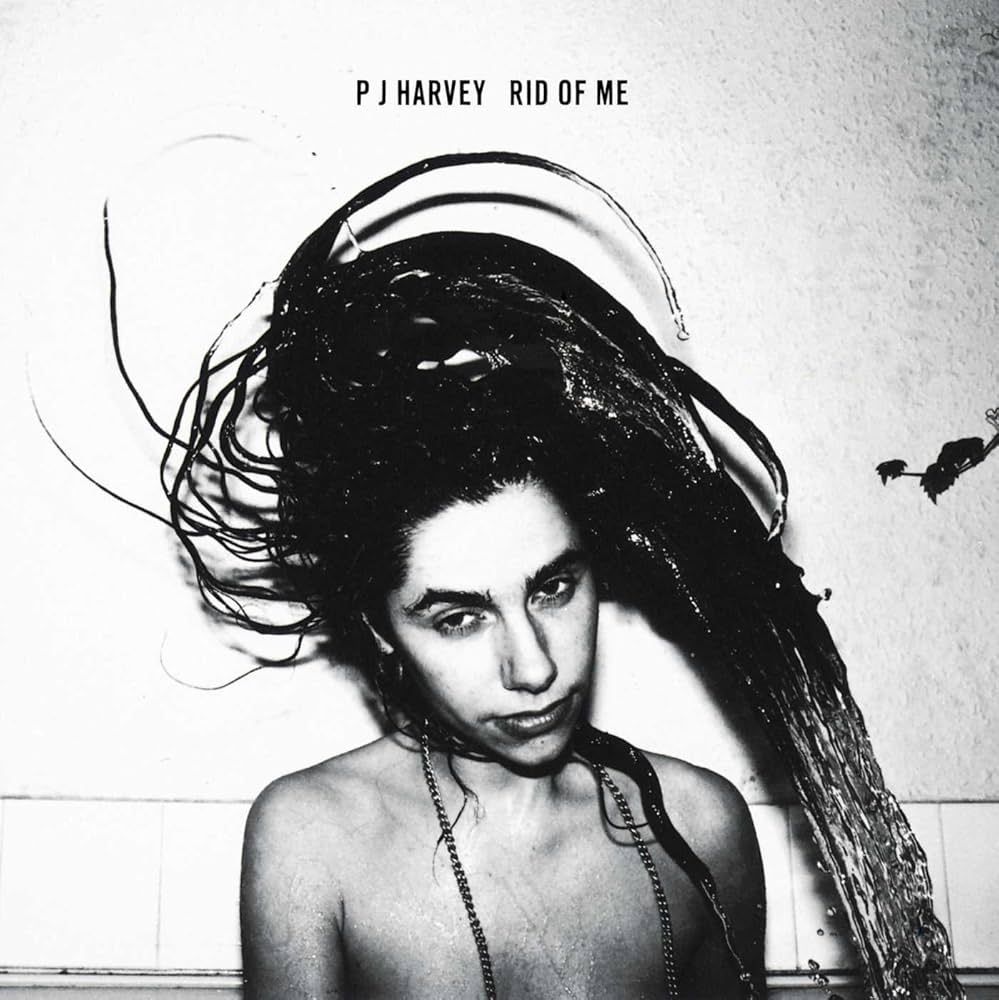 Cover of PJ Harvey's "Rid of Me" with PJ Harvey, hair soaked, whipping her head to her right to create an arc of hair. 