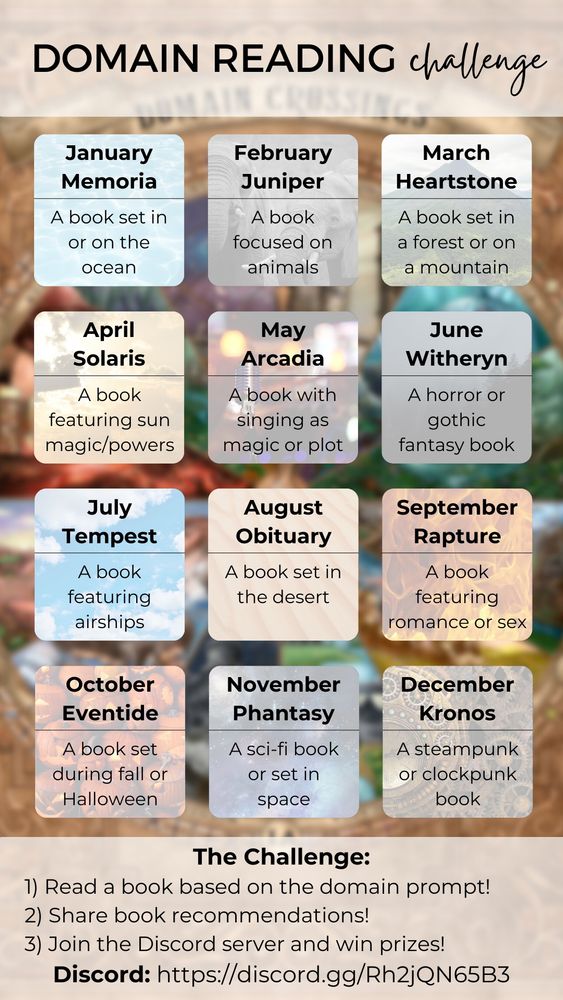 A book reading challenge for the year with prompts based on the twelve domains of The Cruel Gods. The rules are read a book based on the domain prompts, share recommendations, and join the discord server linked in the post to win prizes. The prompts are: Memoria: A book set in or on the ocean Juniper: A book focused on animals Heartstone: A book set in a forest or on a mountain Solaris: A book featuring sun/magic powers Arcadia: A book featuring singing as magic or plot Witheryn: A horror or gothic fantasy book Tempest: A book featuring airships Obituary: A book set in the desert Rapture: A book featuring romance or sex Eventide: A book set during fall or Halloween Phantasy: A sci-fi book or set in space Kronos: A steampunk or clockpunk book