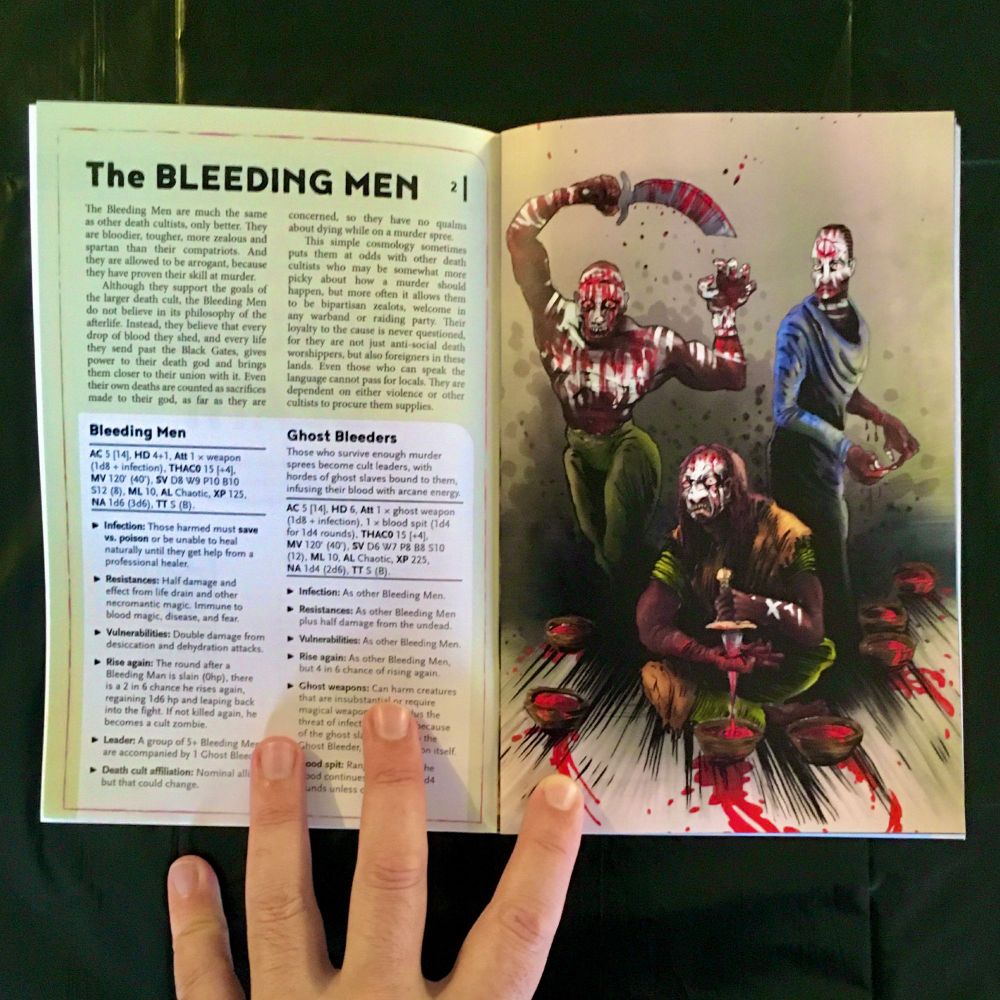 Two pages from the Old-School Essentials monster manual zine Essential Enemies 7: Far Beyond Death, depicting The Bleeding Men, including an illustration of three macabre, blade-wielding death cultists, their faces and bodies marked with white paint and blood.