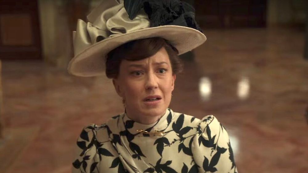 Carrie Coon as Bertha Russell in The Gilded Age, with a very shocked look on her face