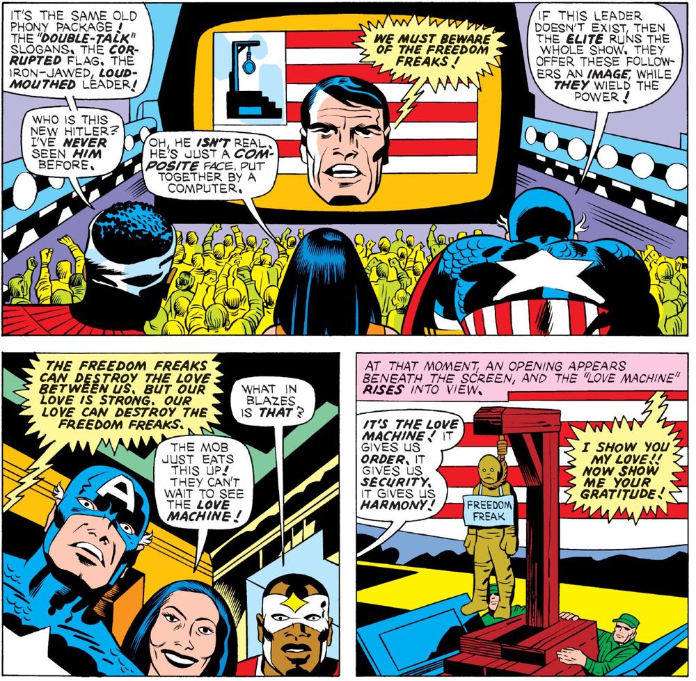 Three panels from a Jack Kirby comic page. In the first panel, a computer generated face whips a mob into a frenzy, declaring “we must beware of the freedom freaks!” In the second panel it declares “Our love can destroy the freedom freaks.” In the third panel, “The Love Machine” is rolled out: a gallows from which a straw effigy hangs, a sign on its chest reads “Freedom Freak.”