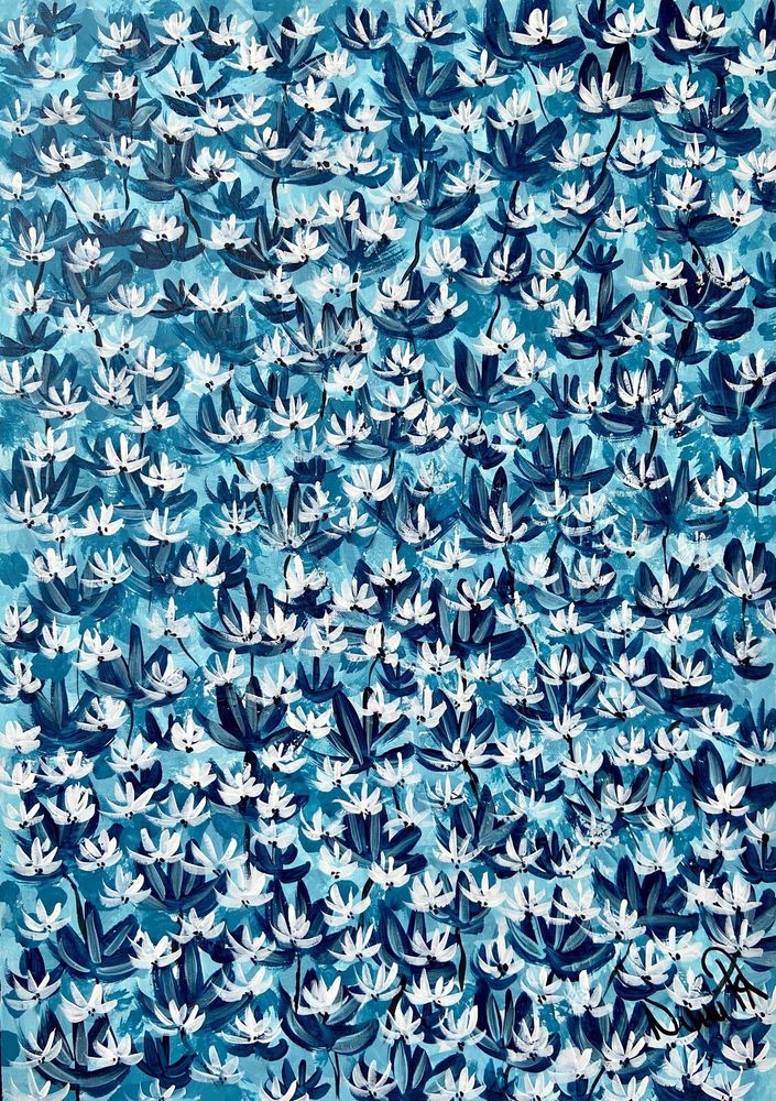 Painting by Inger Andersson
Blomsteräng, (Flower meadow)2024
Acrylic on canvas. Dimensions 50 x 70 cm.
A blue background and lots of white flowers overlayed on this pleasing floral pattern. 