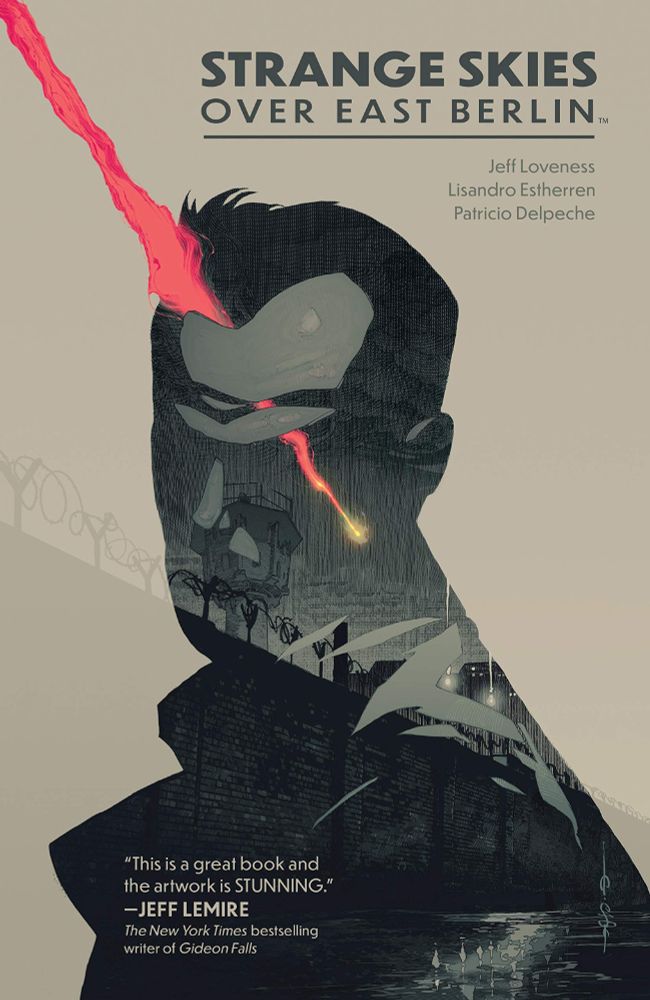 The image is a stylized silhouette of a person's head and upper body, filled with a dark, textured pattern. Emerging from the head is a bright, jagged red beam that extends downwards and to the left. Within the silhouette, there are fragmented, floating pieces that resemble parts of a face and other abstract shapes. In the lower portion of the silhouette, there is a depiction of the Berlin Wall.