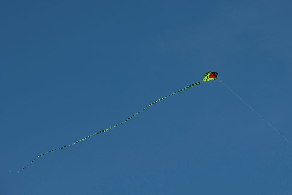 A very colorful kite with black, red, green, and chartreuse colors with a very very long black and green striped tail streaming behind it. All against a very blue sky.