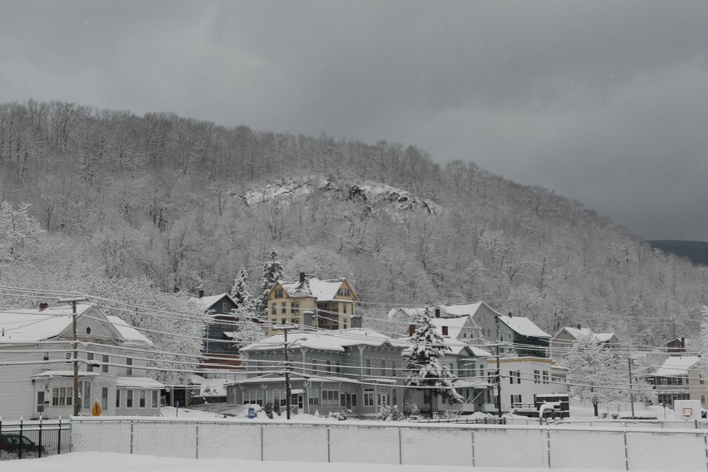 The picture shows houses built in the late 19th/early 20th century lining a street that is obscured by a fence in the foreground. There is a steep wooded slope rising to meet an an overcast gray sky. Everything; fences, trees, telephone lines is covered by a several inches of very light snow in addition to previous snow.    
