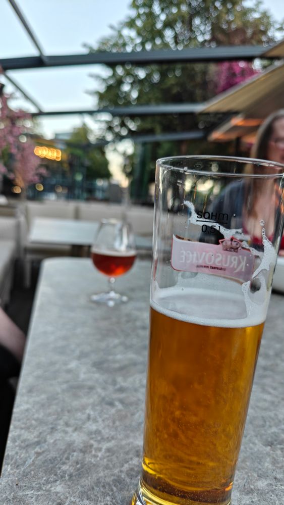 Ölglas på ett bord med grönska i bakgrunden.