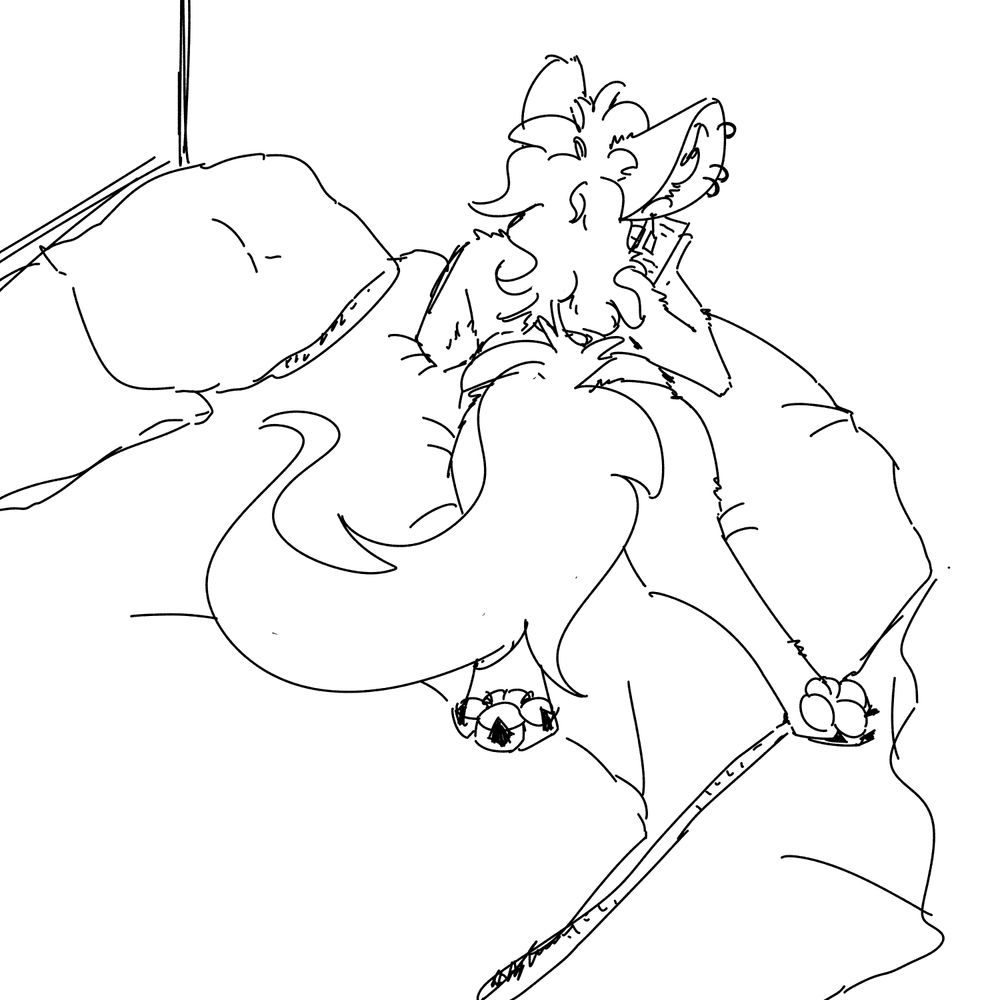 a crude black and white sketch of my fennec fursona laying on its belly on a bed, seen from behind. it is reading something on its smartphone. its legs are extended backwards towards the viewer