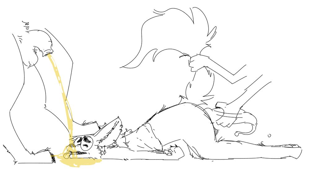 a doodle of fen flat on the ground except for its raised ass, while a character near fen's head is pinning fen down with one paw on its head and pissing on fen's head, while another character is grabbing fen's tail with one hand and masturbating it with another hand from behind
