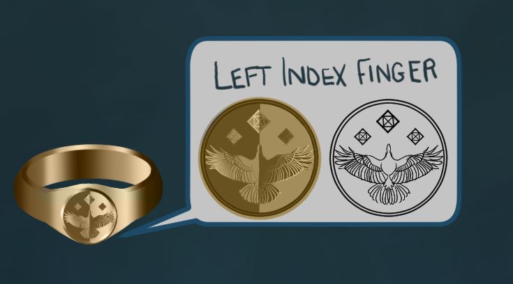 Work in progress, image of a signet ring for my OC, featuring a raven and three stylized stars on gold.