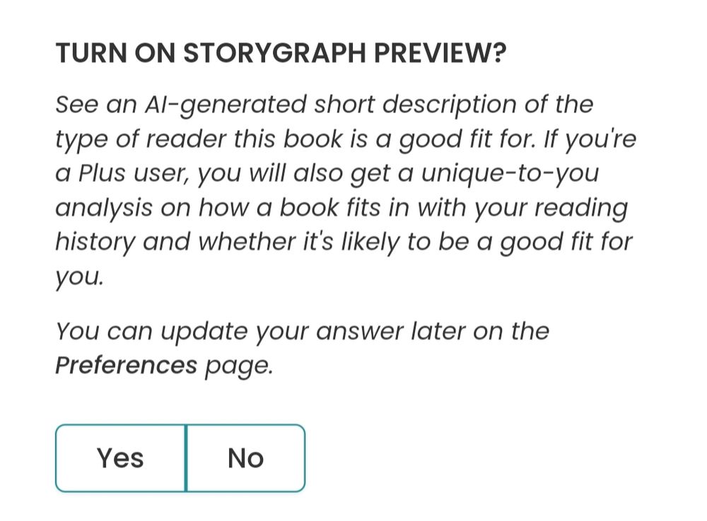A prompt on Storygraph asking if you want to turn on AI generated descriptions of books and who they're a good fit for.