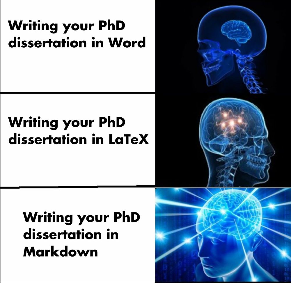 Galaxy brain meme panel 1: Writing your PhD dissertation in Word
Panel 2: Writing our PhD dissertation in LaTeX
Panel 3: wiring your PhD dissertation in Markdown