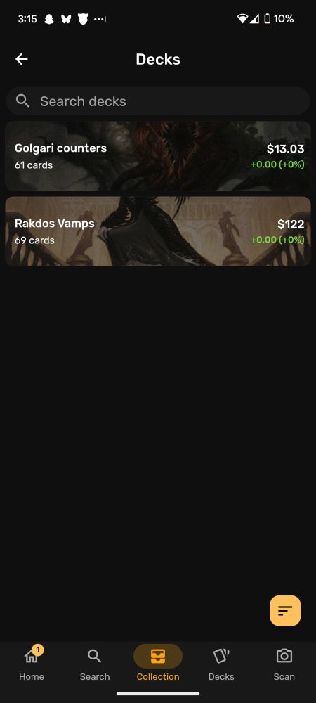 Screenshot of the prices of two magic decks. One labeled Golgari counters is worth $13.03 while the other labeled Rakdos Vampires is worth $122. 