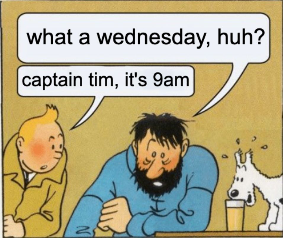 The "What a Week, Huh?" meme template of an exhausted, grizzled man at a bar saying "what a wednesday, huh?" and someone beside him saying "captain tim, it's 9am". Also there's a dog drinking the captain's beer that I never noticed before, that can't be good for dogs