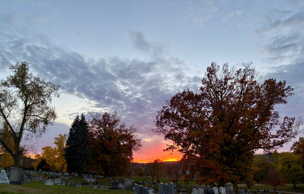a photo looking across a cemetery at a sunset over some hills. trees with red leaves surrounded the setting sun, and the sky around it is a bright orange and pink