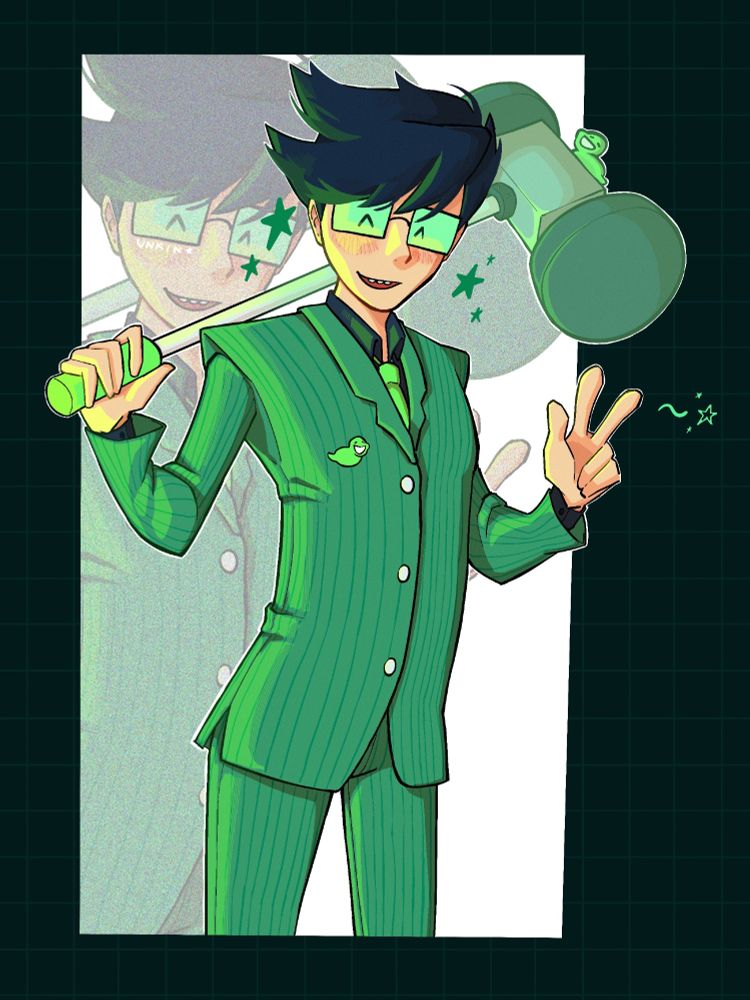 digital fanart of John Egbert from homestuck wearing his wise guy slime suit and holding his pogo hammer over his shoulder (2025 version)