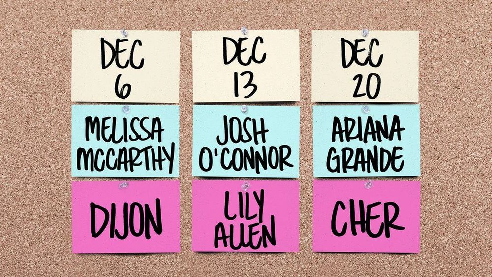 SNL Announcement image for upcoming hosts/music guests: 

December 6: Melissa McCarthy and Dijon

December 13: Josh O'Connor and Lily Allen

December 20: Ariana Grande and Cher