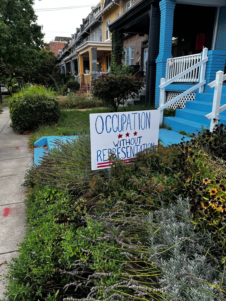 Homemade sign that reads “occupation without representation” with some dc flag details 