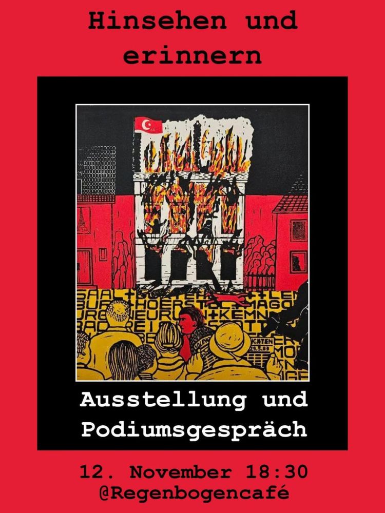 💥Ankündigung! Mittwoch 12.11.2025💥

🌅 Ausstellung & Podiumsgespräch "Hinsehen und erinnern" 🌄

Mittwoch, 12.11.2025 | 18:30 Uhr | 🌈 Regenbogen Cafè ☕️Lausitzer Straße 22a 10999 Berlin

Anreise: M29 Ohlauer Straße | U1, U3, U8 Kottbusser Tor | U8 Schönleinstraße

📣 Aufruf: https://asanb.noblogs.org/?p=14051 - @rbf_xberg

#b1211 #solicafe

Im November zeigen wir im Regenbogencafé Linoldrucke von Michael Krümpel. Neben abstrakteren Bildern, hat der Künstler mit Werken auf die rassistischen Gewalttaten der 90er Jahre reagiert.

Die meisten Bilder können erworben werden. Das Geld spenden wir an die Initiative Berlin erinnert München OEZ.

Die Ausstellungseröffnung nehmen wir zum Anlass, um über Rassismus und Erinnerungspraxis heute und damals zu sprechen.

Dafür haben wir die Gedenkinitiativen "Berlin erinnert München OEZ", "Initiative zur Aufklärung des Mords an Burak Bektaş" und Elias von linksjugend solid Oberhavel eingeladen.

ab 18:30 Abendessen (KüFa)
19:30 Vernissage
20:00 Podiumsgespräch
21:00 Lieder von Jens

Im Februar findet außerdem ein Workshop mit "Berlin erinnert München OEZ" im Café statt.

Weitere Infos auf den Kanälen des Regenbogencafés.