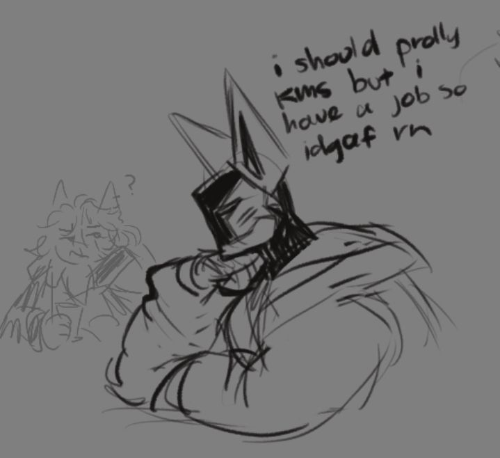 my oc fishbone sat down facing left with his chin placed on his hand. his other arm is folded across the table. there is a faded drawing of a concerned anchor (@spbsjkbss 's oc) in the background. the text above fishbone reads "i should prolly kms but i have a job so idgaf rn"