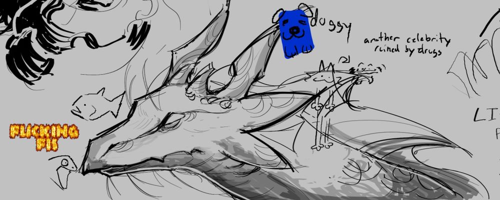 a drawing of a sea serpent esque dragon with sharp shadows. various doodles of cartoonish fish and cats drawn by my friends surround it