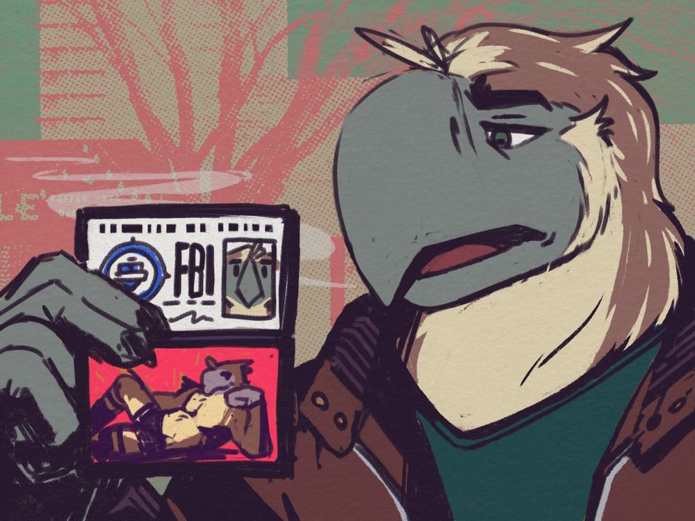 ART - Oscar holds up a (fake) FBI ID, with a pinup of himself accidentally visible.
