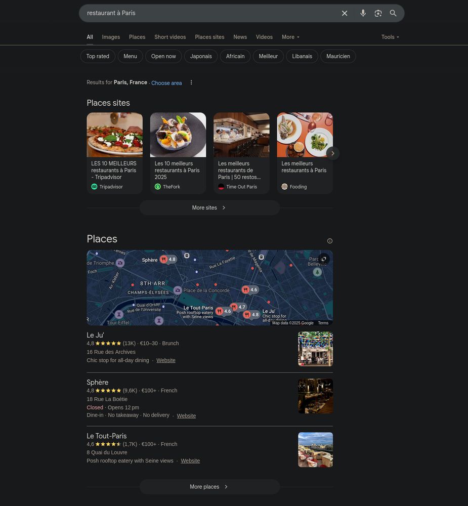 search on Google for restaurant à Paris 