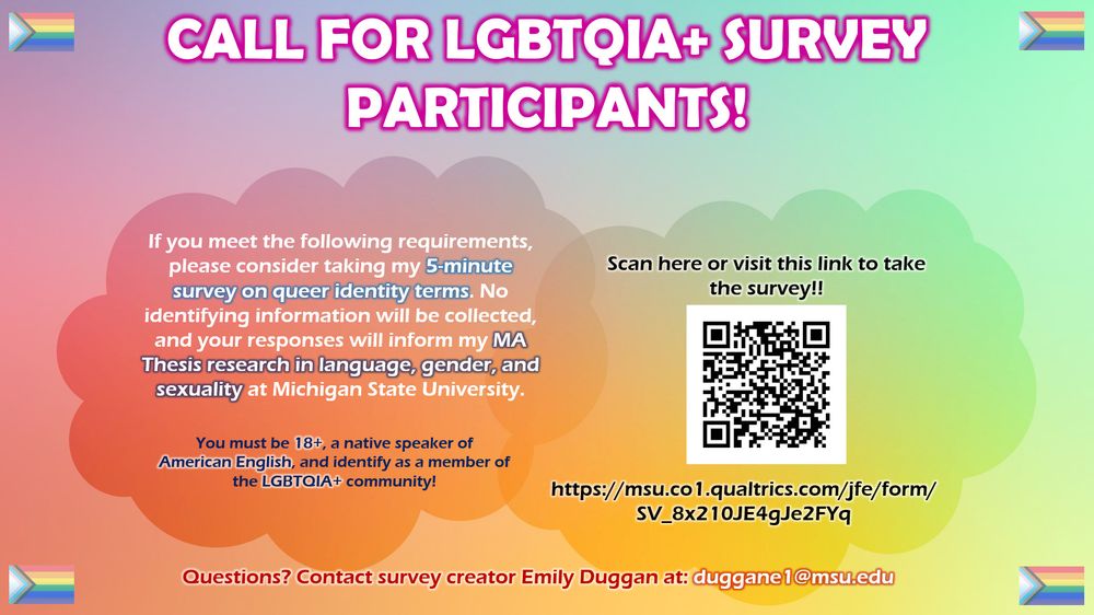 A flyer with a pastel rainbow background and a small progress pride flag in each corner. At the top, in large white letters with a pink border, it says Call for LGBTQIA+ Survey Participants! The body of the flyer says, If you meet the following requirements, please consider taking my five minute survey on queer identity terms. No identifying information will be collected, and your responses will inform my MA thesis research in language, gender, and sexuality at Michigan State University. You must be 18 +, a native speaker of American English, and identify as a member of the LGBTQIA+ community! Scan here or visit this link to take the survey! A picture of a QR code and the link follow. At the bottom, it say Questions? Contact survey creator Emily Duggan at: duggane1@msu.edu.