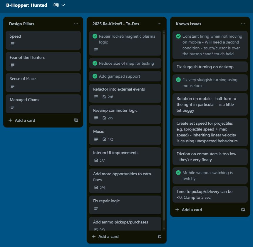 bHopper: Hunted Trello board. Lists include Design Pillars (Speed, Fear of the Hunters, Sense of Place, and Managed Chaos), 2025 Re-Kickoff - To Dos (including some completed items, some in progress, and some not started), and Known Issues.