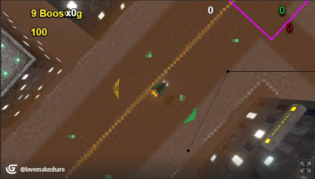 A screenshot of a retro-styled top-down game featuring a flying car in the middle of the screen. The UI is mostly limited to floating, unstyled numbers in the corners of the screen.