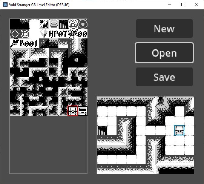 A level editor made in Godot. On the left is a grid of tiles that can be selected. On the bottom right is the level layout onto which tiles can be painted. The top right shows the buttons, New, Open, and Save.