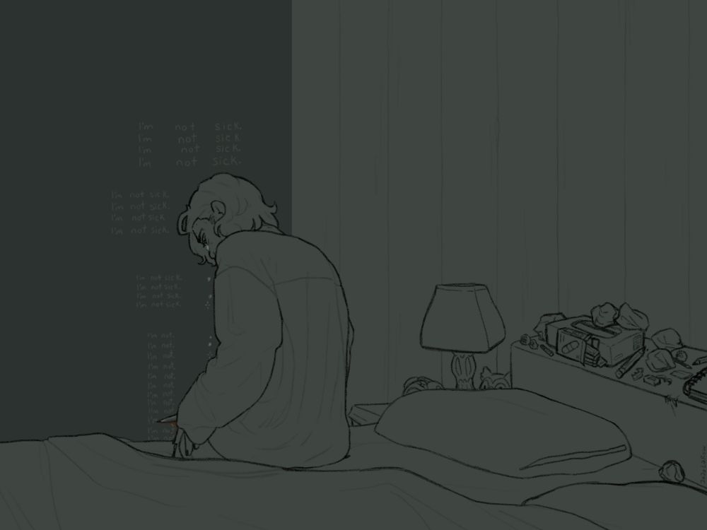 A younger Kylar sits on the edge of his bed, facing away with his legs off the side. He cries and holds his left thigh as he makes cuts into it with a knife. Words beside him repeat, “I’m not sick,” until they become simply, “I’m not.” His headboard is covered in trash and art supplies, and the only visible items on his bedside table are an alarm clock, a lamp, and an owl plush. He wears an oversized pajama top. The room is dark.