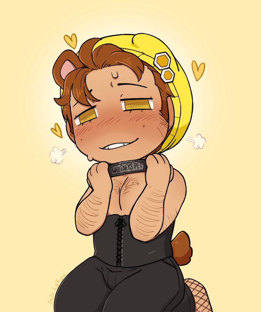 Chibi art of Adryen with a hazy grin and flushed face, feeling and holding the collar tightened around his neck that reads “Whitney’s Pet”. Hearts and steam float around his head.