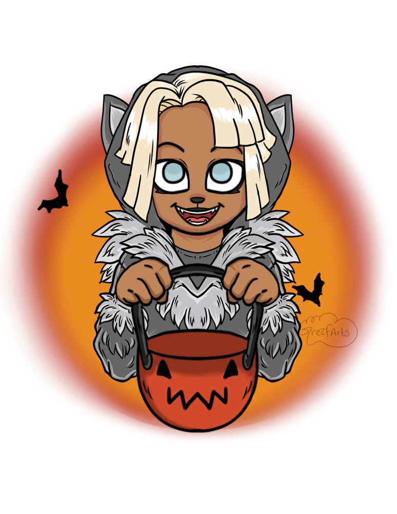 Jack Castro in a wolf costume holding up an empty pumpkin pail.