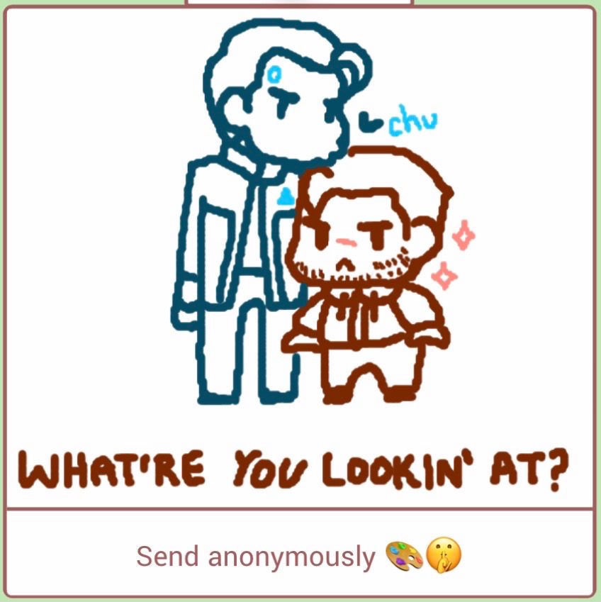 A simple illustration of RK900 drawn in dark blue and Gavin Reed drawn in dark red. RK900 kisses the top of Gavin’s head as Gavin glares at the viewer. The text below him says, “What’re YOU lookin’ at?”