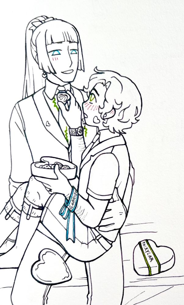 Gabriel holds Kylar in his lap, the two dressed in formal attire. Kylar’s raises a trembling arm, holding a chocolate heart, toward Gabriel’s face. In his other hand he holds an open box of other chocolates, the lid to it by Gabriel’s thigh and the ribbon with Gabriel’s name on it that was previously wrapped around the box now tied to Kylar’s wrist instead. Another, unopened box has been placed beside them labeled, “To: Kylar”.