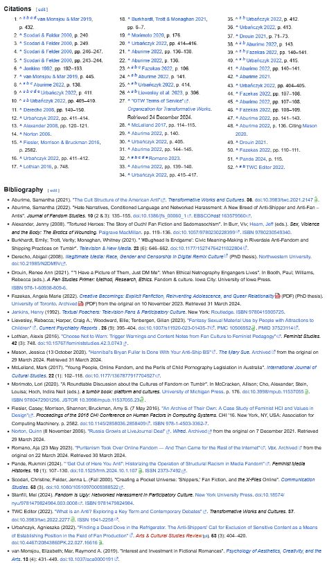 A screenshot of Wikipedia's lengthy citations & bibliography for the "Shipping discourse" page