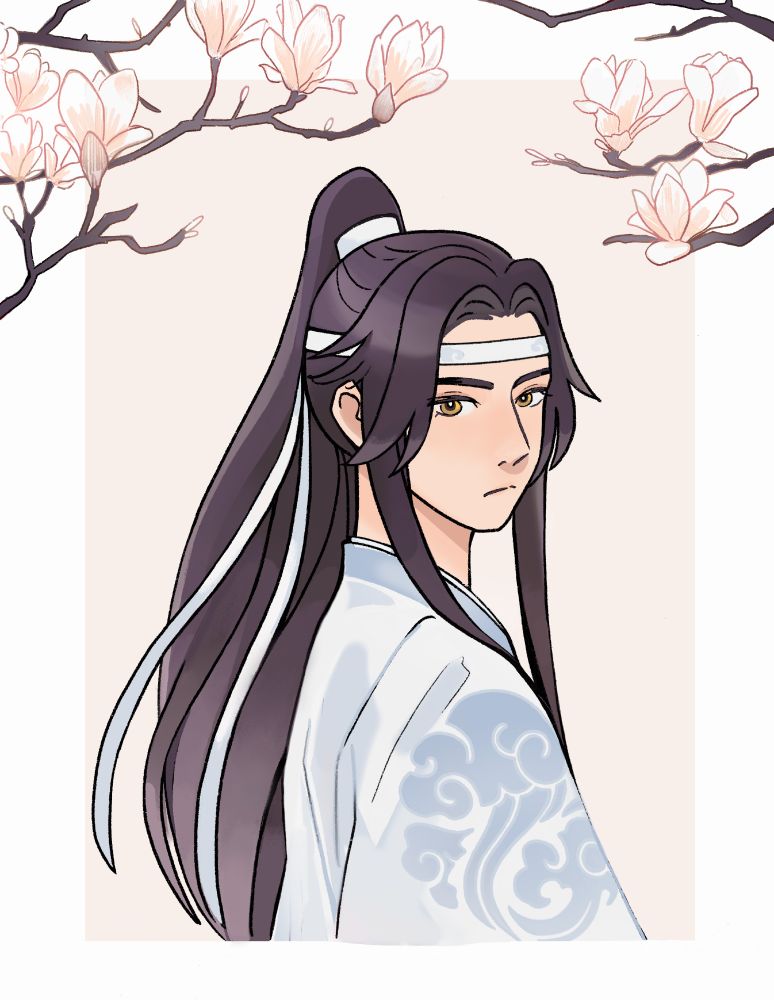 A 3/4 angle portrait of a young, ponytailed Lan Wangji, standing beneath branches of magnolia flowers and looking over his shoulder. 