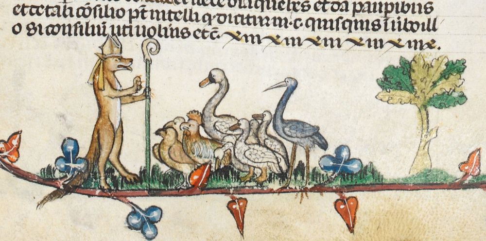 Reynard the fox preaching to a flock of birds in the margins of a manuscript