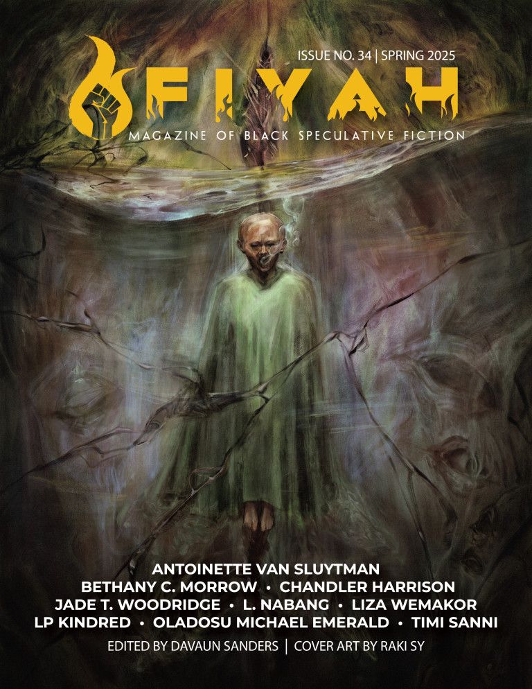FIYAH Issue No. 34, cover art courtesy of Raki Sy. A mysterious figure in a pale garment levitates among a murky backdrop.