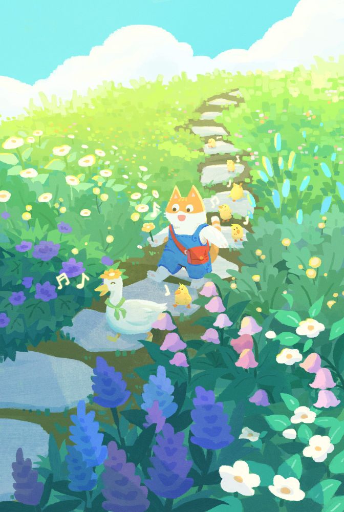 This is an illustration.A cat and a group of ducks are walking on a garden path full of different flowers in spring. The cat is holding a flower in its hand and the mother duck is leading the way.