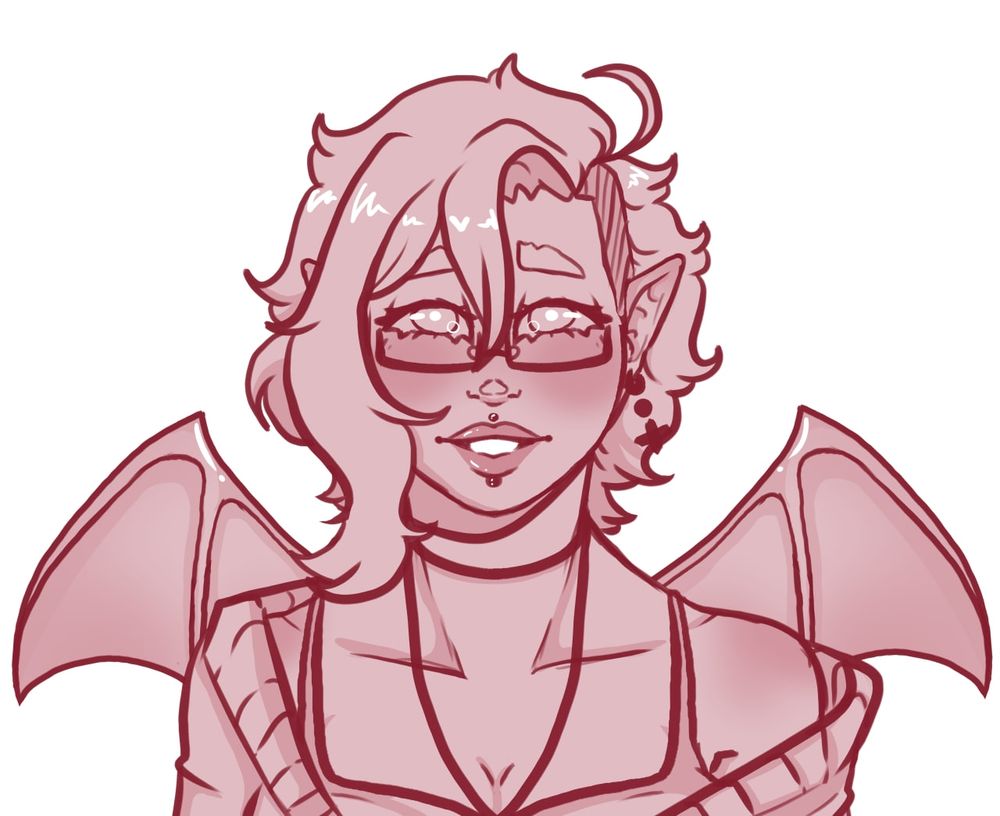 A bust of a Pink hued imp character with wings and pointed ears were wearing a tank top and a large cardigan. 
