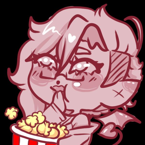 pink hued imp with pointed ears and a tail eating popcorn out of a striped popcorn bucket. 