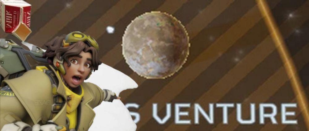 A screencap of Angel's Venture from Helldivers, but the Angel's part is obscured by milk spilling out of a carton and Venture from Overwatch. 