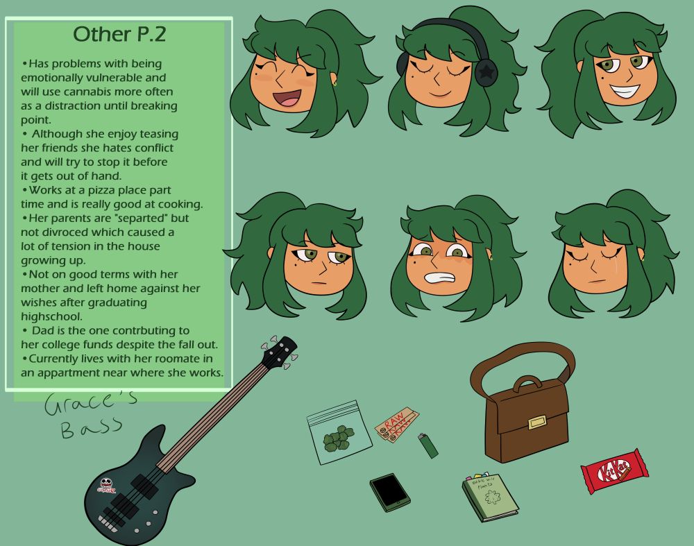 Other P.2: Has problems with being emotionally vulnerable and will use cannabis more often as a distraction until breaking point. Although she enjoys teasing her friends, she hates conflict and will try to stop things from escalating before it gets out of hand. Works at a pizza place part-time and is excellent at cooking. Her parents are "separated" but not divorced, which caused a lot of tension in the house growing up. Not on good terms with her mother and left home against her wishes after graduating from high school. Her dad is the one contributing to her college funds despite the fall-out. Currently lives with her roommate in an apartment near where she works.
