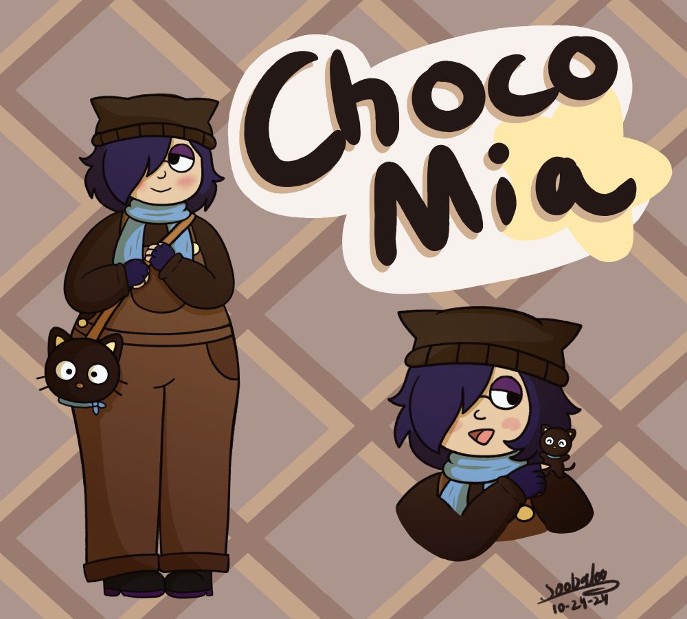My original character, Mia, who has dark blue emo hair and glasses, in an outfit inspired by the Sanrio character Chococat. They have a dark brown cat beanie, a blue scarf, dark brown sweater, brown overalls, and a Chococat bag. In the right corner, there is another picture of Mia holding a mini Chococat on her shoulder.  