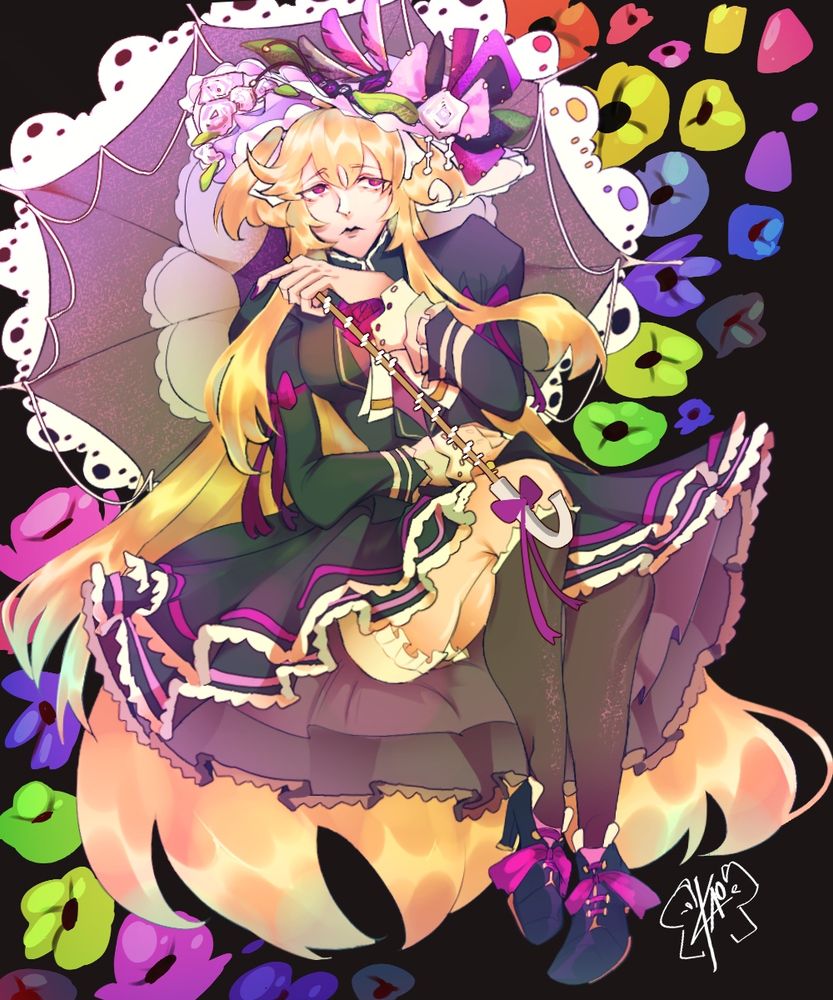 a fulbody of my oc, Elizabeth. She is holding a decorated umbrella/parasol