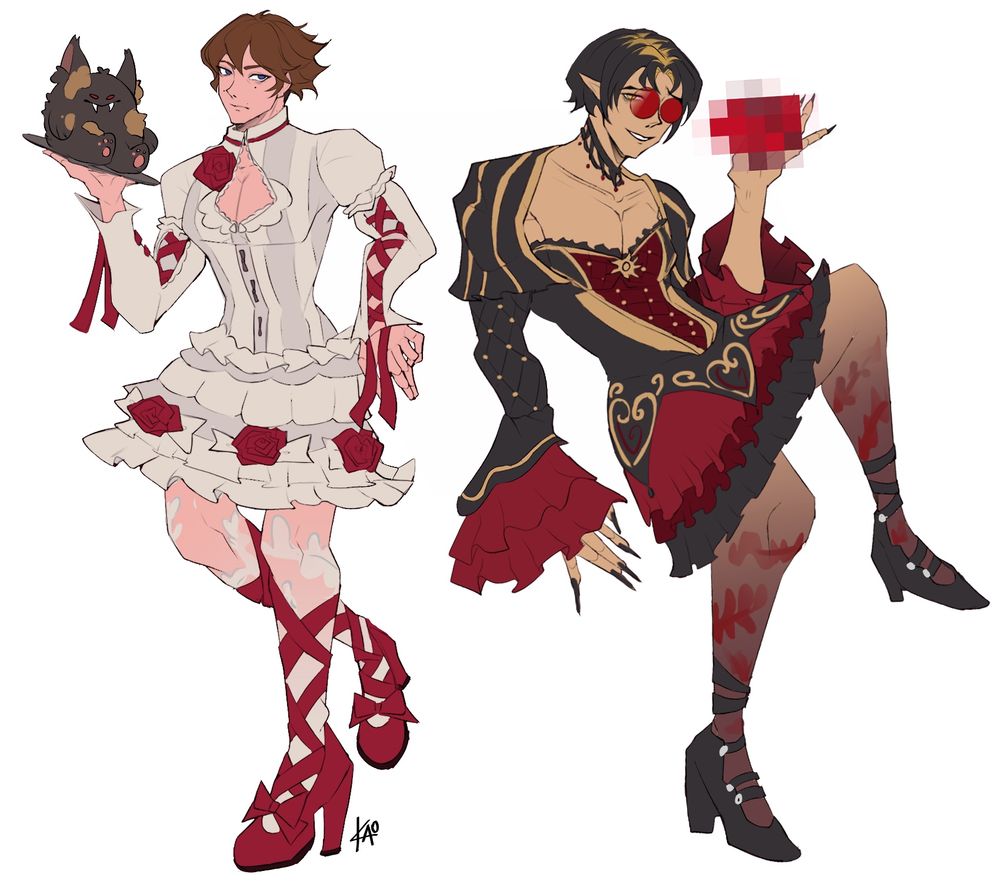 oc illustration of my characters, eisen and amos in dresses 